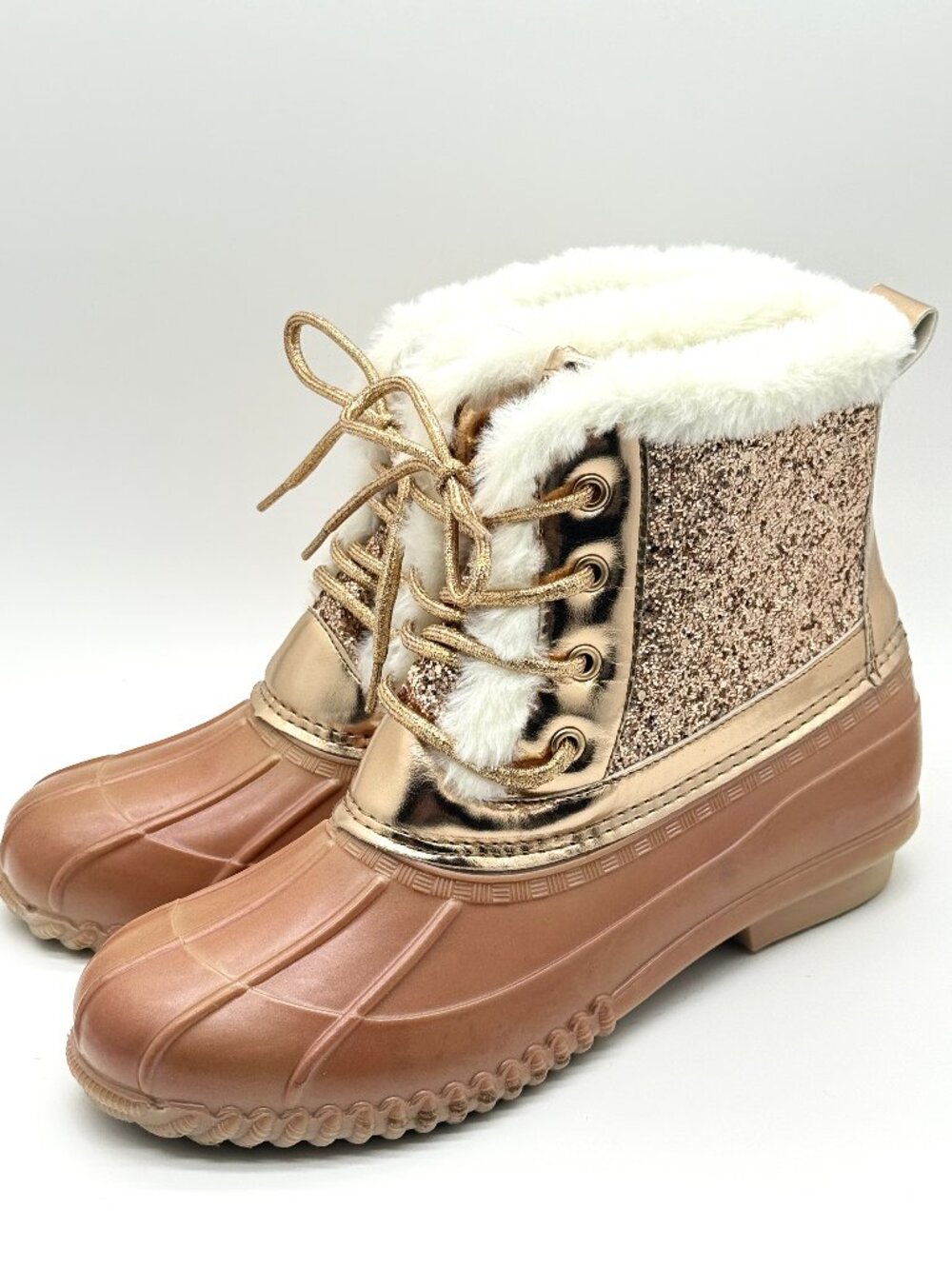 Women's Rose Gold Glitter Duck Boots Coquette Y2K Snowcore Fur Sz 8 3963